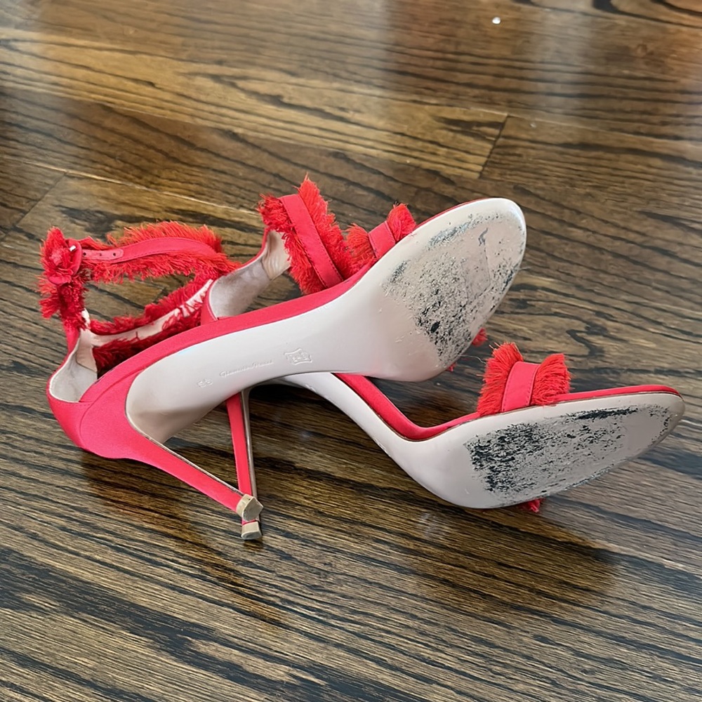 GIANVITO ROSSI Caribe 105 Red Satin Fringe Trim Accent Sandals Size 40.5 - Picture 14 of 16